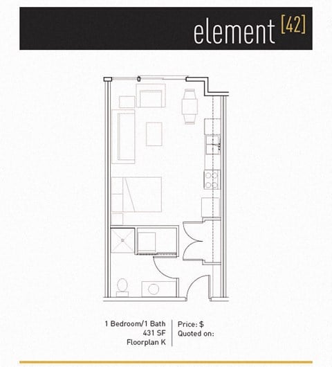 Floor plan for studio, 1 bath, 431 sqft